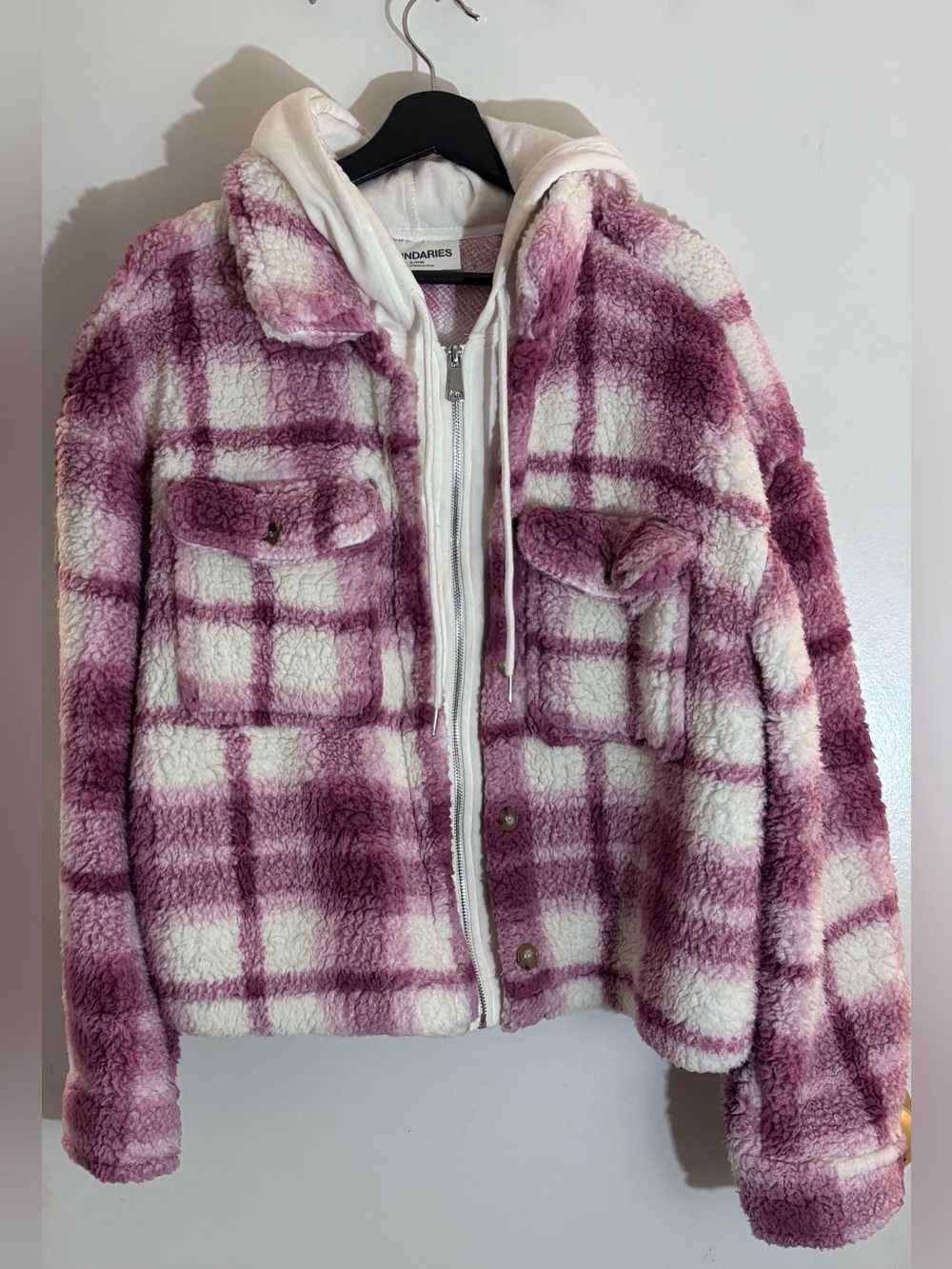 Pink Plaid Sherpa Jacket with Hoodie Insert XL